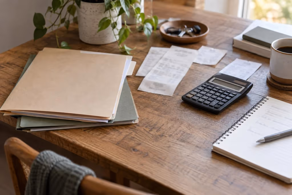 Folders, receipts and a calculator arranged for reviewing financial records
