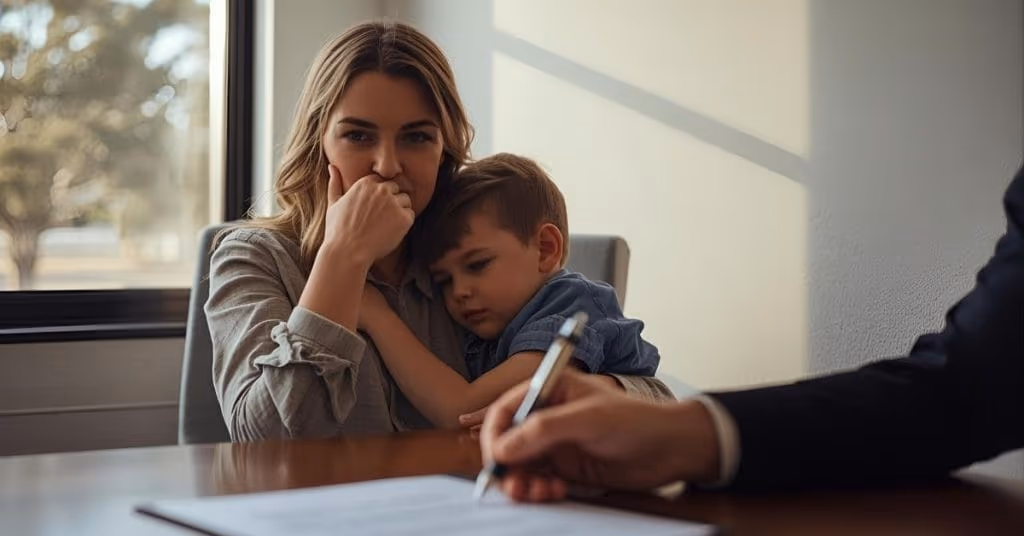 A woman holding a child while signing documents at a desk